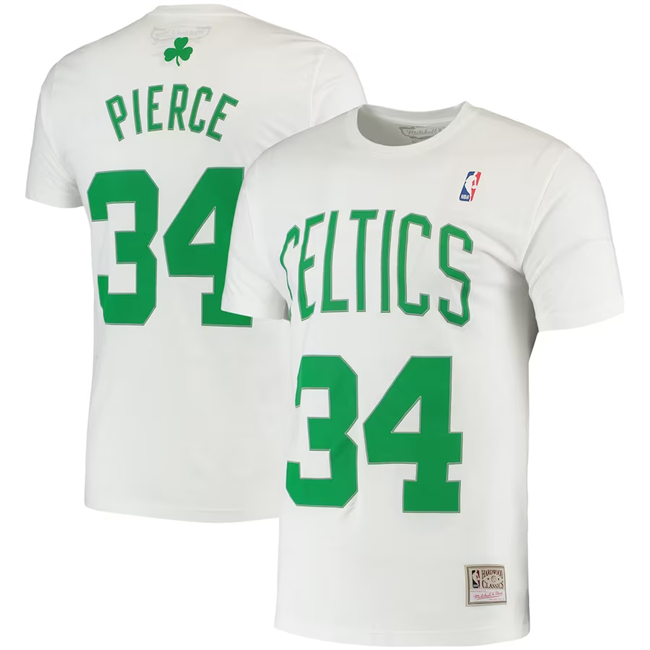 Men's Boston Celtics #34 Paul Pierce White Name & Number T-Shirt
